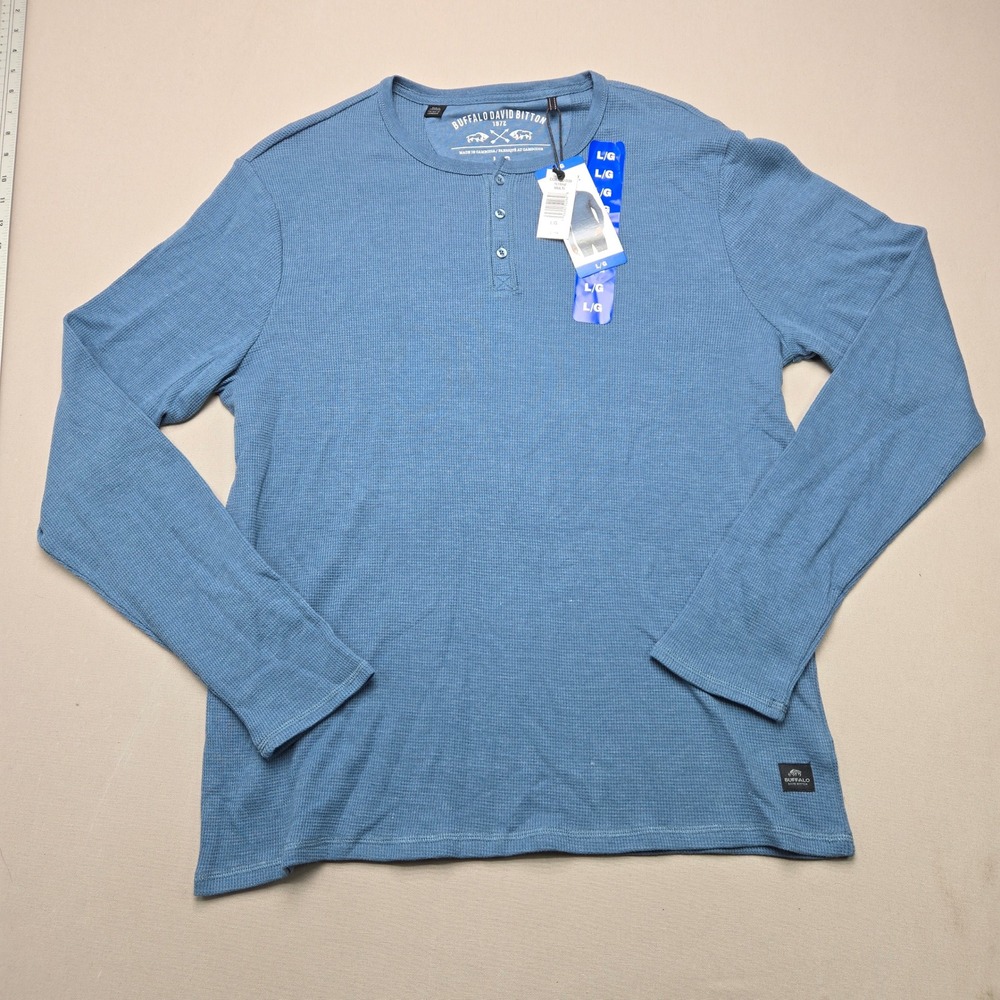 Buffalo David Bitton Henley Shirt Waffle Knit Blue Long Sleeve Mens Size L NEW